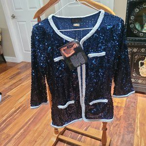 IMAN, S, Navy sequin with white trim sequin Jacket NWT